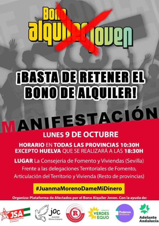 Cartel de la protesta de los afectados por el bono de alquiler joven.