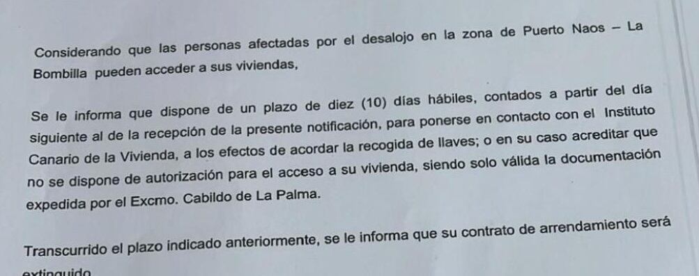 Misiva enviada por el Instituto Canario de Vivienda a los afectados
