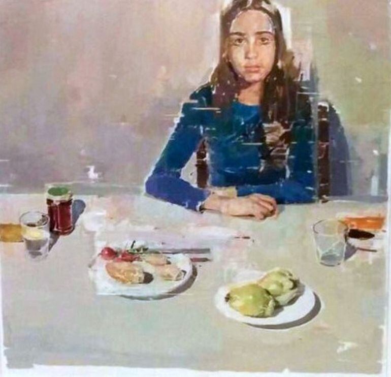 'En la mesa', óleo sobre tabla (130 x 130 centímetros)