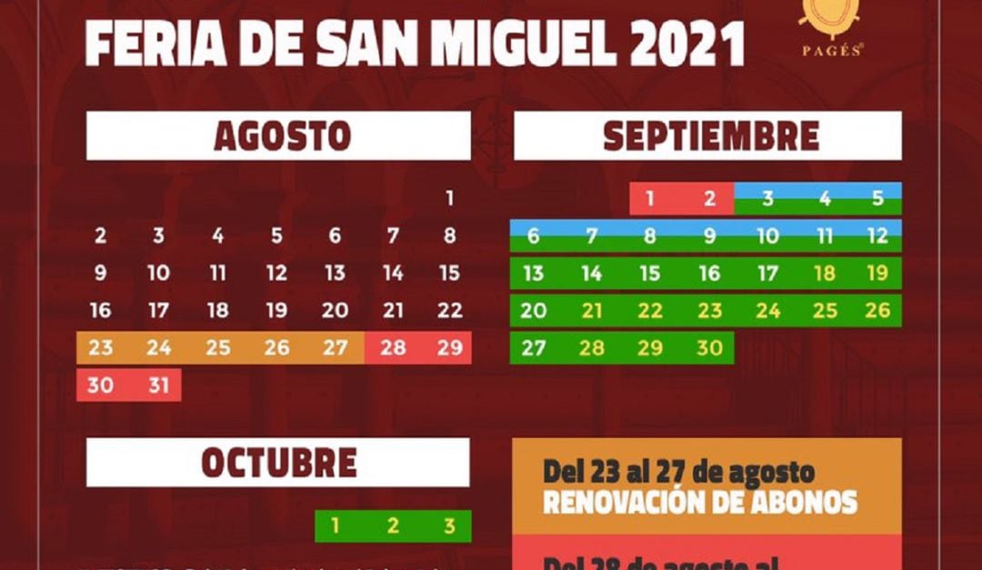 Calendario de fechas a tener en cuenta para la renovación y adquisición de abonos para la Feria de San Miguel