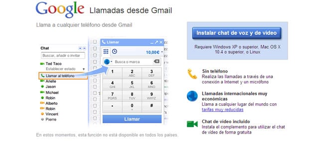 Captura de pantalla del funcionamiento del servicio de llamadas de Gmail