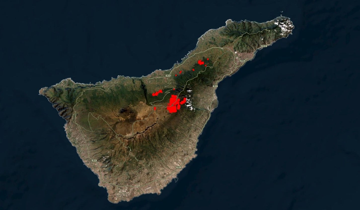 Zonas activas del incendio de Tenerife, a las 11:20 del 22/08/2023.