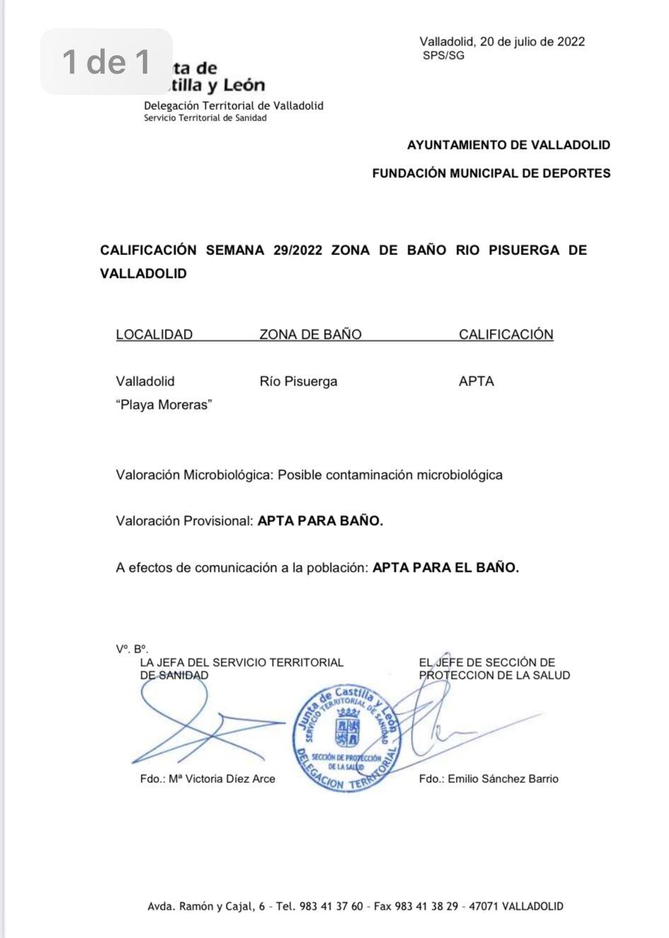 Informa de calidad del agua del Pisuerga a su paso por Las Moreras