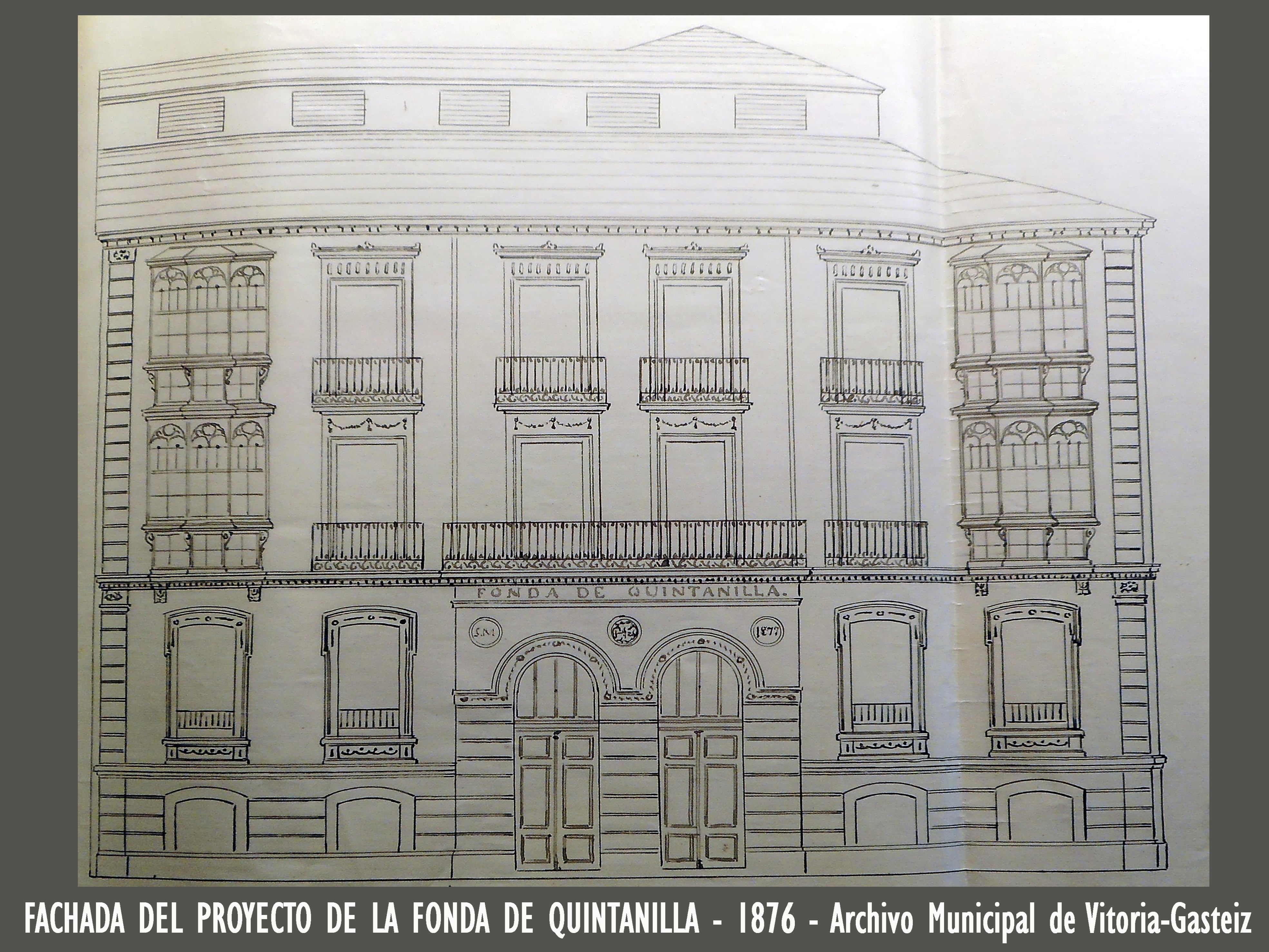 Fachada del proyecto de la Fonda de Quintanilla, 1876 - Archivo Municipal de Vitoria-Gasteiz