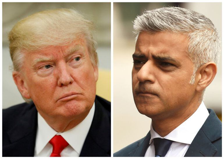 A combination photo shows U.S. President Donald Trump (L) in the Oval Office at the White House in Washington, DC, U.S. on May 31, 2017 and Mayor of London Sadiq Khan at the scene of the attack on London Bridge and Borough Market in central London, Britai