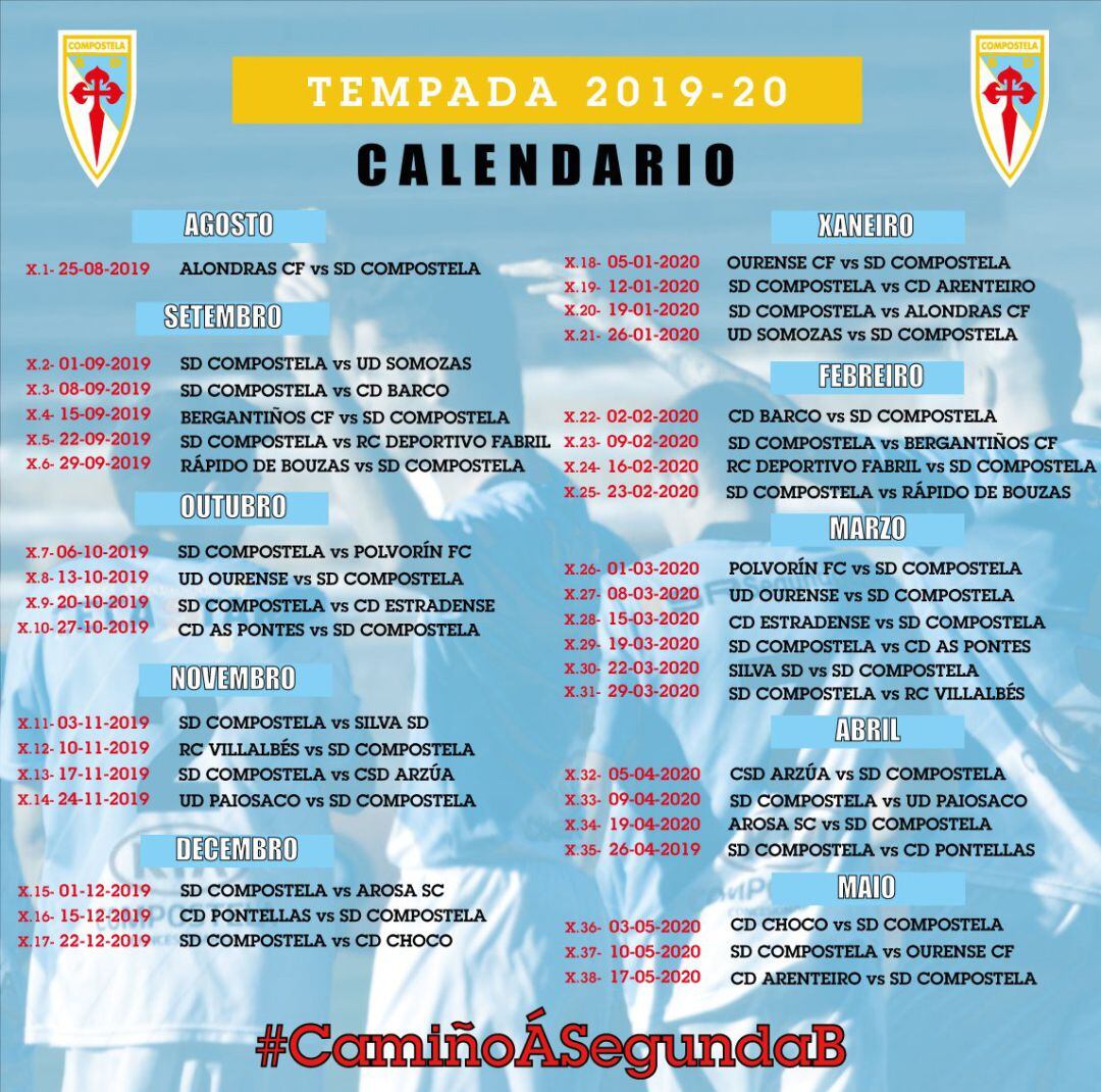 Calendario completo de la SD Compostela para la temporada 2019-2020. NOTA: El partido de la jornada 27 se disputará en el Vero Boquete de San Lázaro