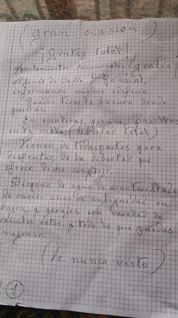 Los vecinos de la zona ironizan con esta carta que circula por el municipio