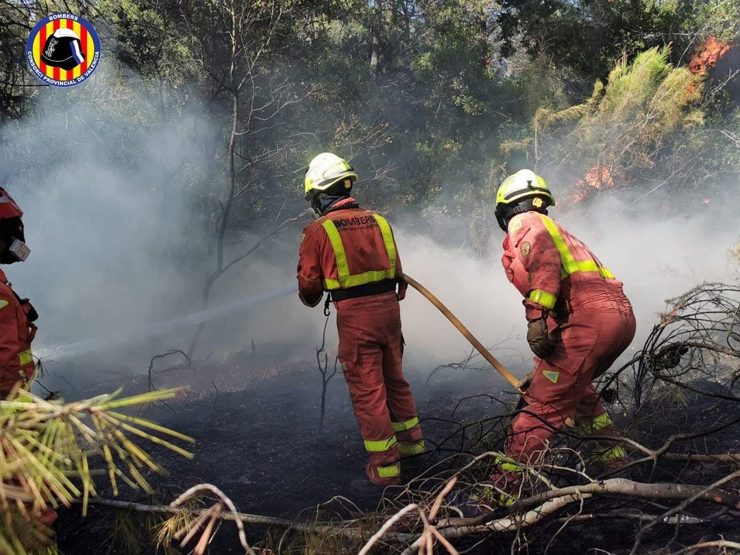 Bomberos trabajando en la extinción del incendio de Rafelguaraf este domingo