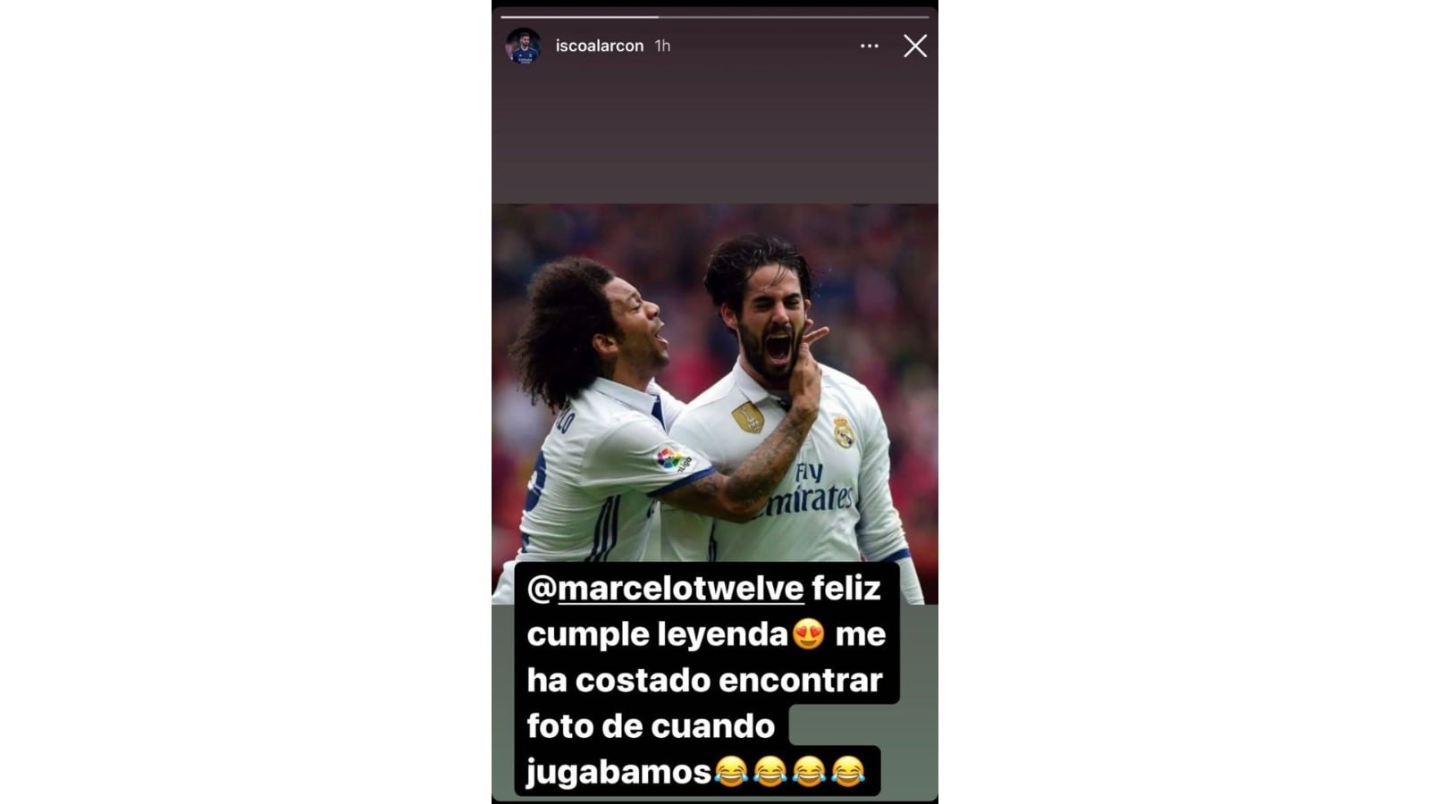 El mensaje de Isco a Marcelo en su Instagram.