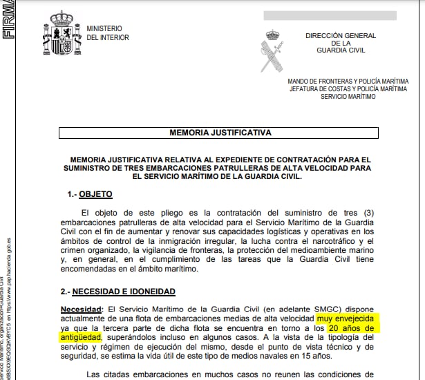 Memoria justificativa de la Dirección General de la Guardia Civil donde se admitía que las patrulleras están muy envejecidas y no resisten las embestidas de las narcolanchas