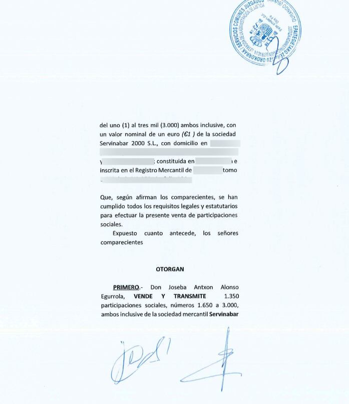 Contrato por el que Santos Cerdán adquiría parte de la propiedad de la empresa Servinabar