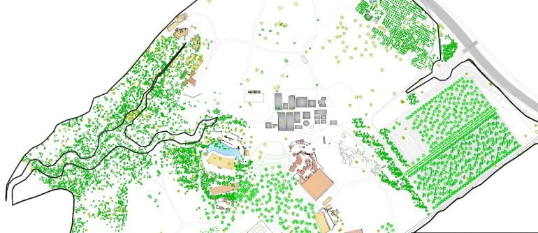 Mapa de las zonas verdes que se han incluido en el anteproyecto de este parque temático francés en la ciudad de Toledo 