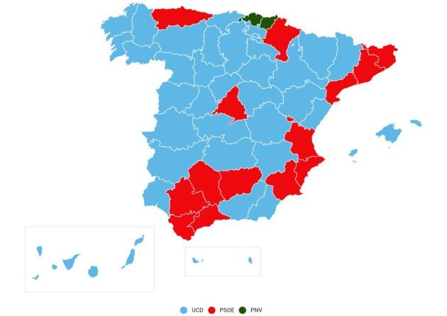 Resultados electorales de 1979: primera fuerza por provincias.