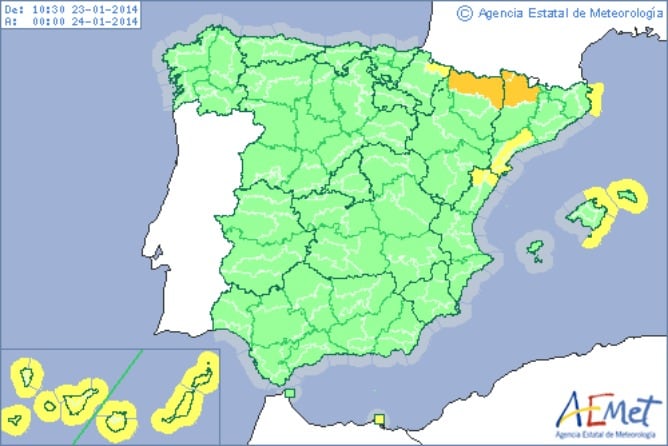 Mapa de alertas de la Agencia Estatal de Meteorología para el día de hoy.