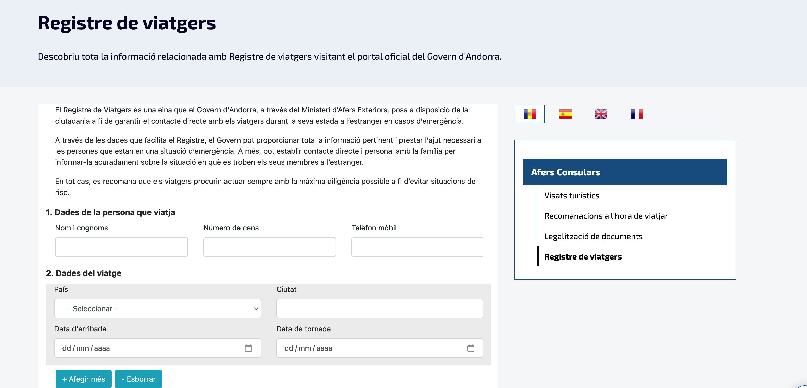 Una imatge del registre de viatgers, disponible a la web del Govern.