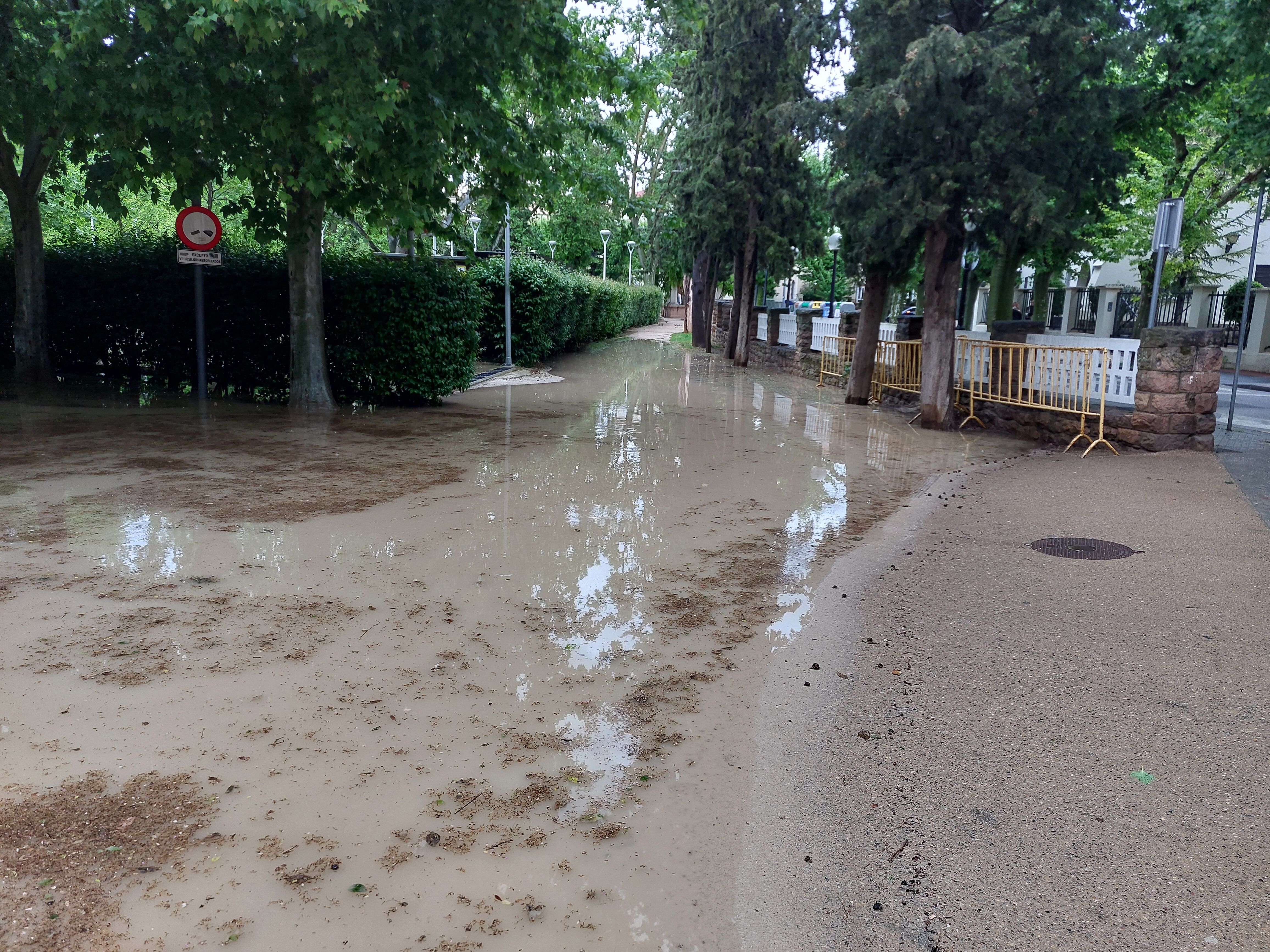 La entrada al Parque Miguel Servet inundada por el agua caída en Huesca