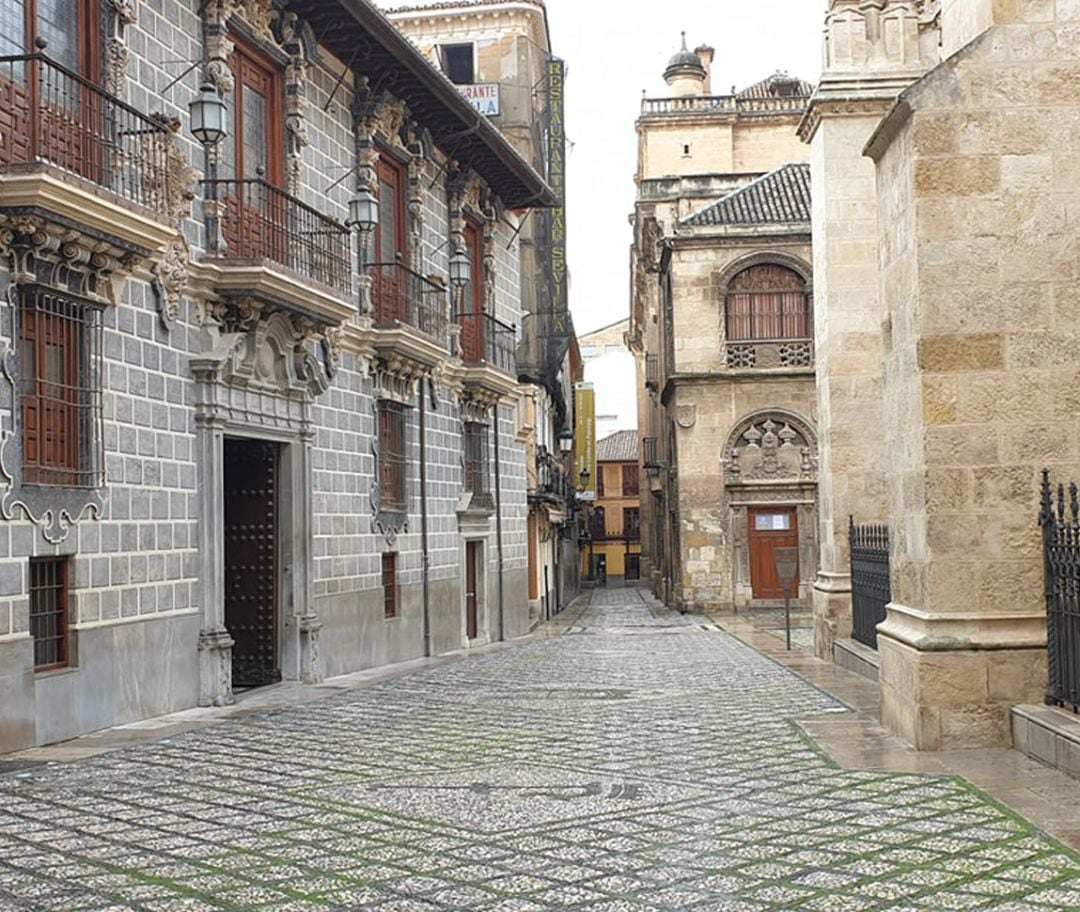 Una de las zonas más concurridas de Granada, la turística calle Oficios, vacía durante los días de confinamiento del otoño de 2020 por la covid-19