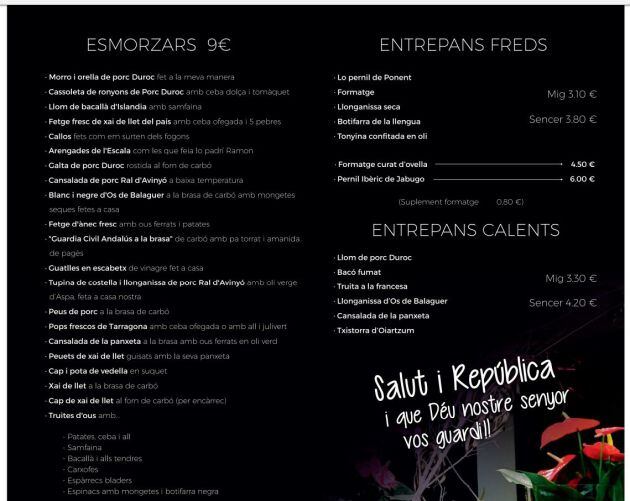 Carta del restaurante.