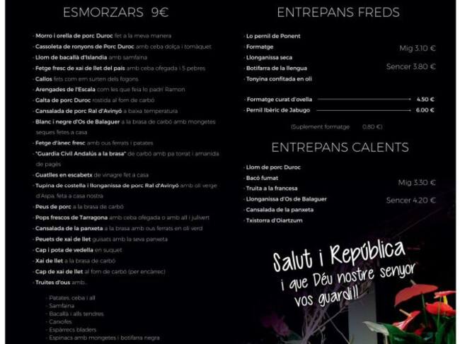 Carta del restaurante.