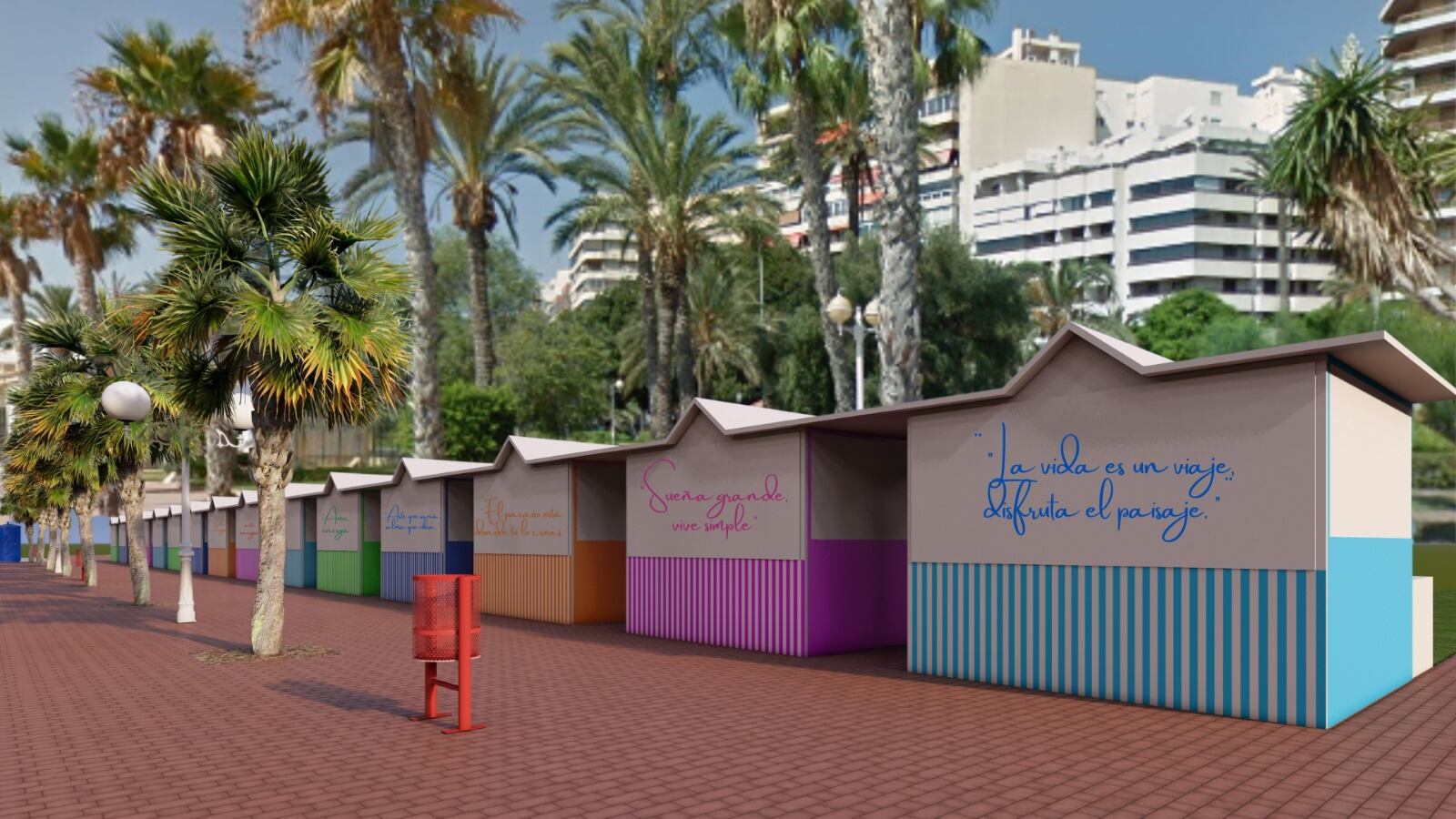 Recreación de la casetas de los conocidos como "hippies" junto al edificio de la Lonja en el puerto de Alicante