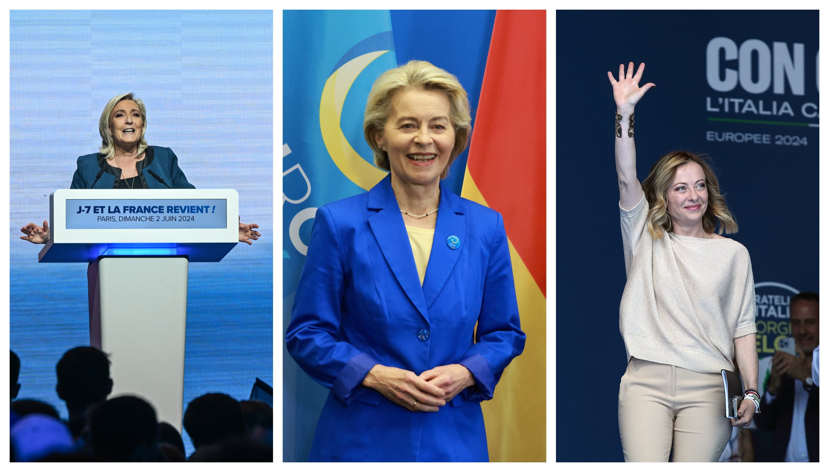 Marine Le Pen, Ursula von der Leyen y Giorgia Meloni.