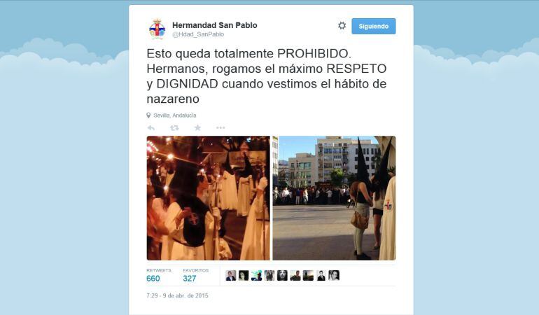 Este es el tuit de denuncia que ha publicado en su cuenta oficial de twitter la hermandad del Cautivo del Polígono de San Pablo