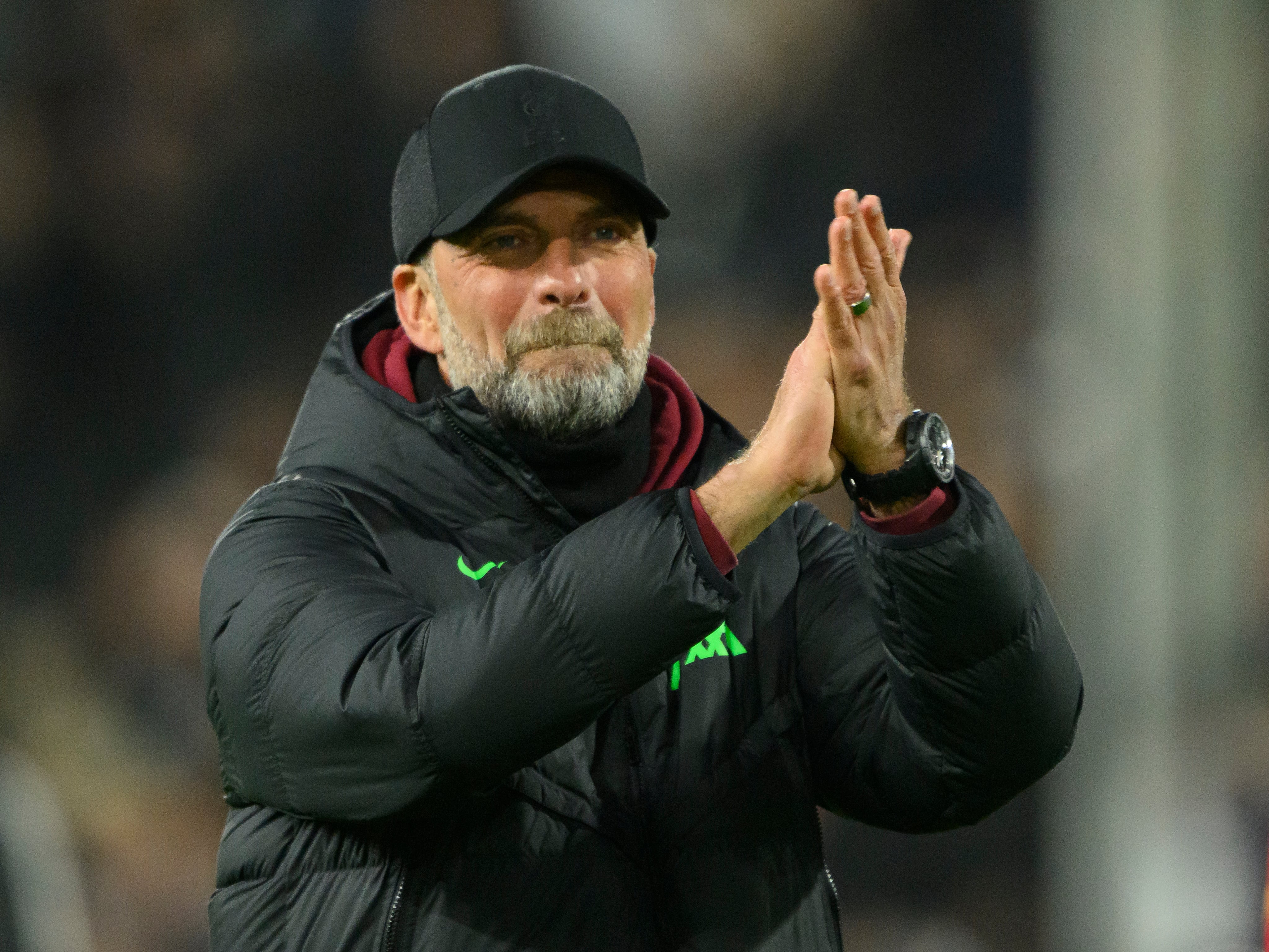 LONDON, ENGLAND - JANUARY 24:  Liverpool manager Jurgen Klopp applauds the fans at the final whistle during the Carabao Cup Semi Final Second Leg match between Fulham and Liverpool at Craven Cottage on January 24, 2024 in London, England. (Photo by David Horton - CameraSport via Getty Images)