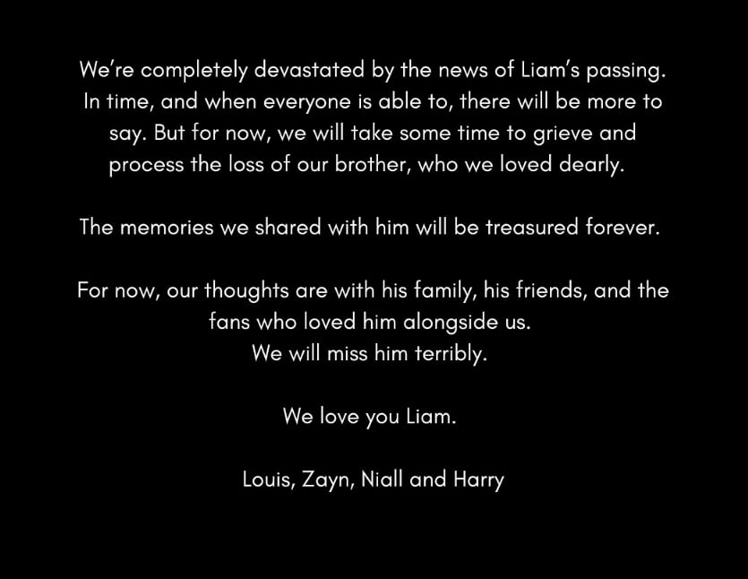 Comunicado de &#039;Obe direction&#039; tras la muerte de Liam Payne.