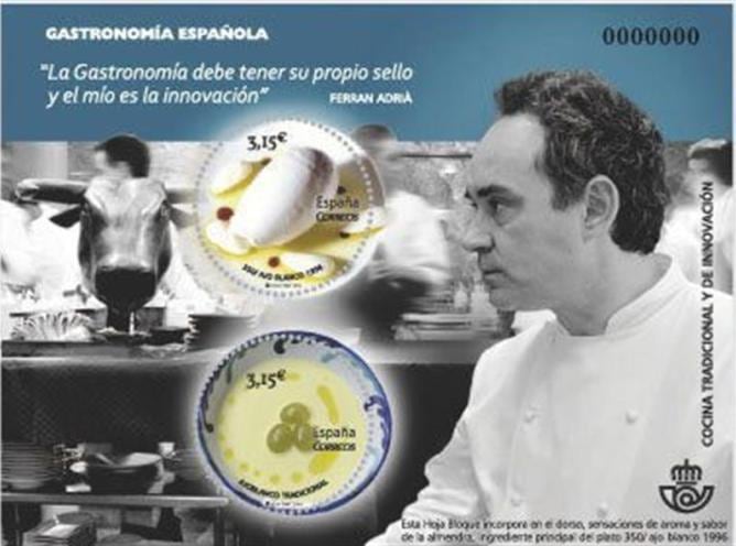 Fotografía facilitada por Correos de uno de los sellos con los que, en colaboración con Ferran Adrià, homenajea a la gastronomía española con la emisión de timbres que, por primera vez, incorporan sensaciones aromáticas y sápidas. Sellos con aroma y sabor