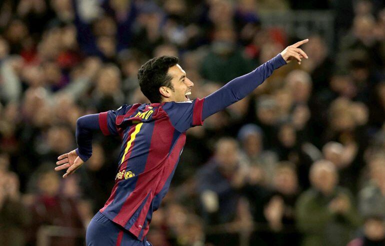 GRA171. BARCELONA, 07/12/2014.- El jugador del FC Barcelona Pedro Rodriguez, tras conseguir el cuarto gol para su equipo ,durante el partido de la decimocuarta jornada de la Liga de Primera División que el FC Barcelona y el Espanyol disputan esta tarde en