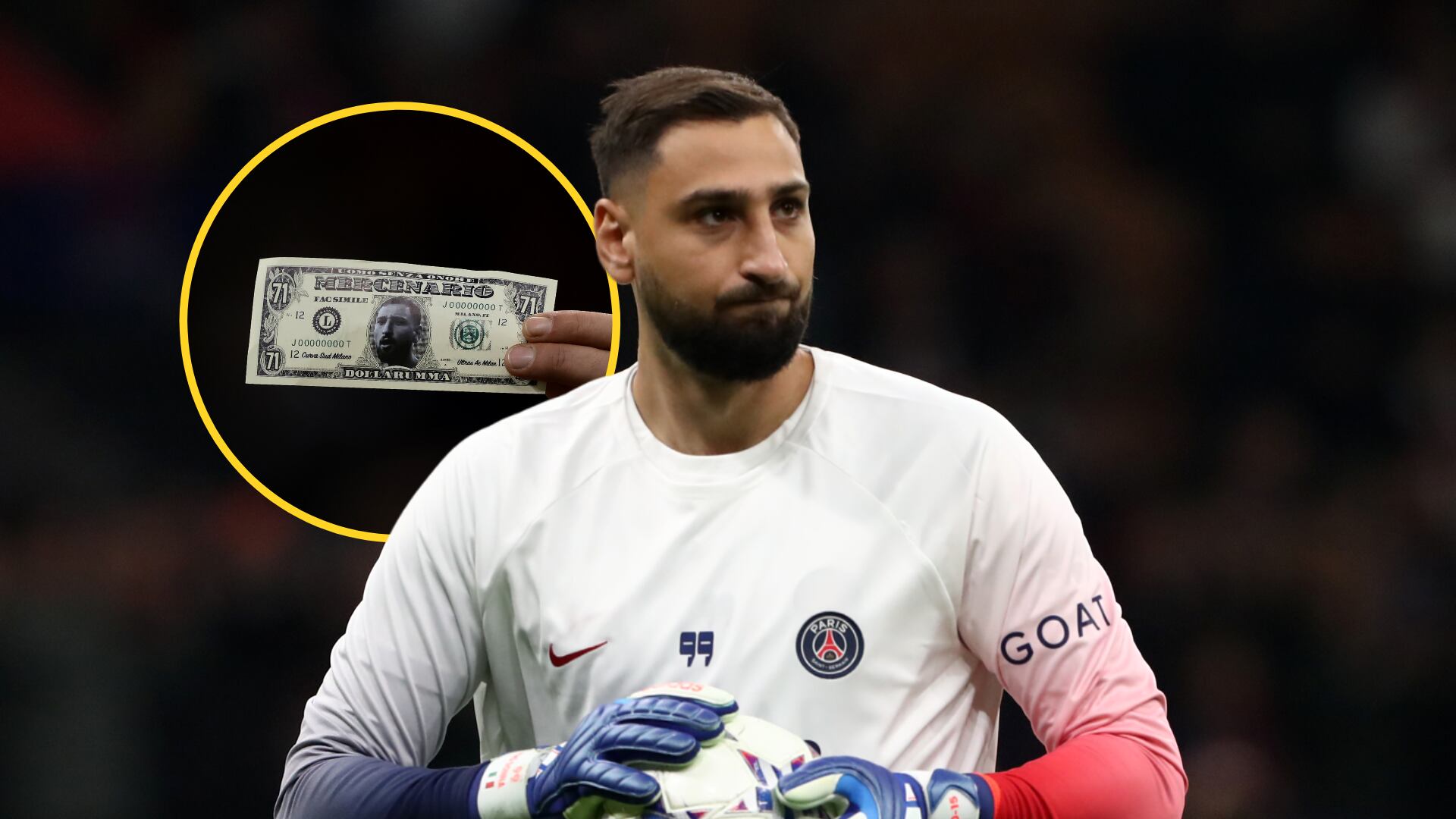 Donnarumma, en un montaje con los billetes que le dedicaron los aficionados del AC Milan