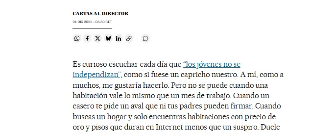 La carta al director de 'El País' dedicada a quienes dicen que "los jóvenes no se independizan"