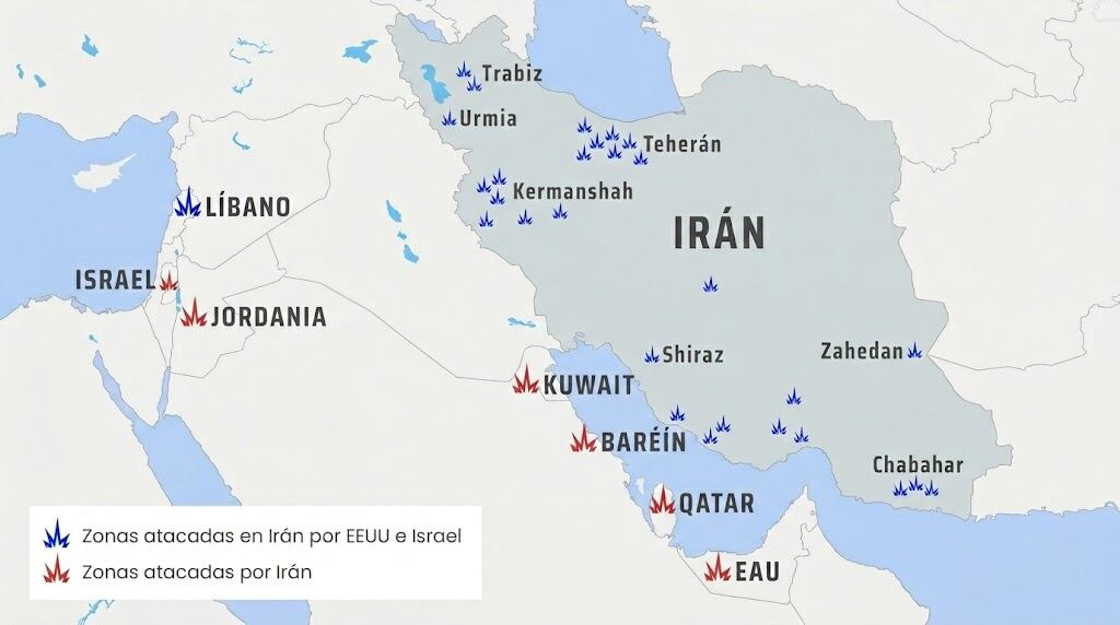 Mapa con los principales ataques en Oriente Medio.