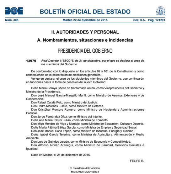 Decreto publicado en el BOE por el que se declara el cese de los miembros del Gobierno