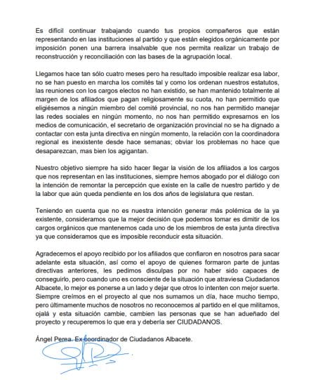 Carta de dimisión de Ángel Perea