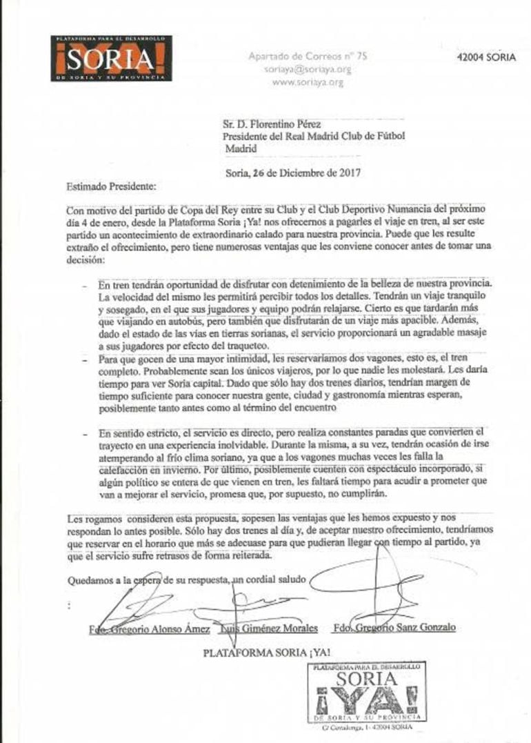La carta remitida por la Plataforma Soria ¡Ya! al presidente del Real Madrid, Florentino Pérez.
