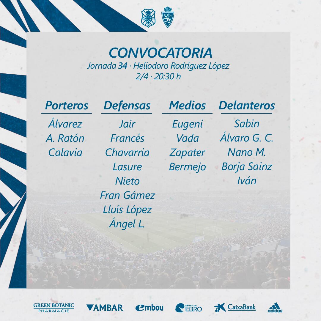 Lista de convocados para el partido CD Tenerife-Real Zaragoza