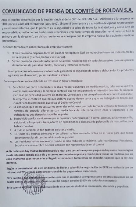 Comunicado del Comité de empresa