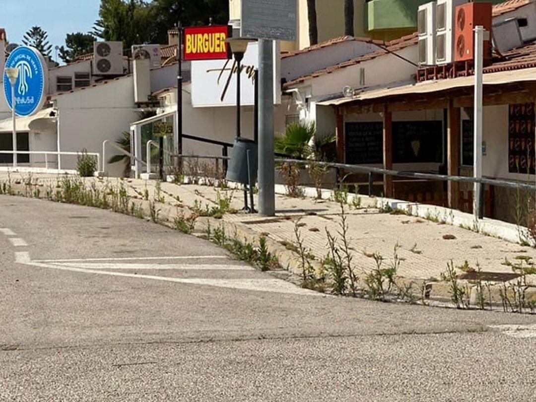 Calles con maleza en las aceras en la playa de Gandia 