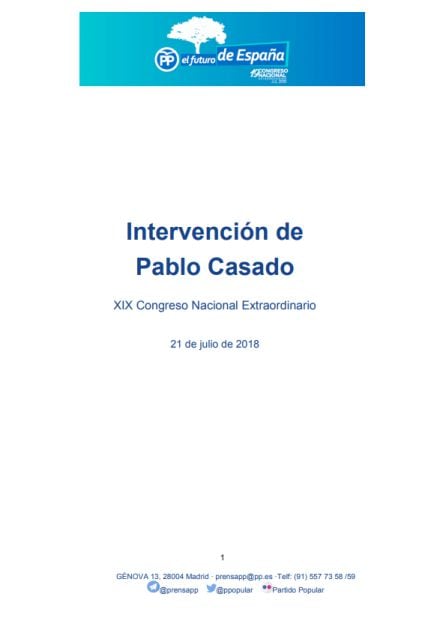 Lee el discurso de Casado tras ser proclamado presidente del PP