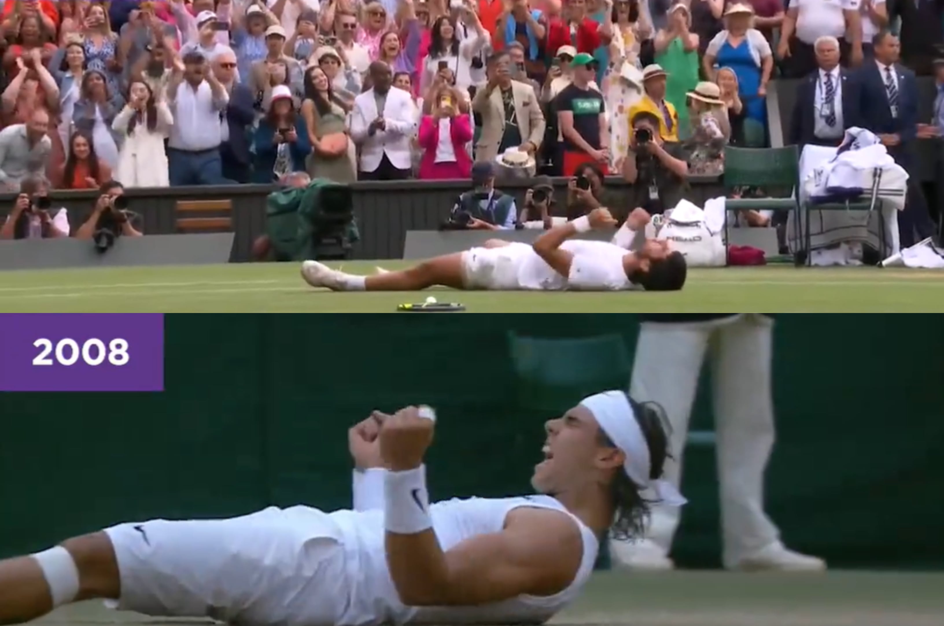 Nadal, en 2008, y Alcaraz, en 2023, celebran su triunfo en la final de Wimbledon