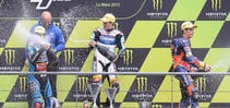 El podio, íntegramente español, de Moto3 en le Mans formado por Maverick Viñales (1), Álex Rins (2) y Luis Salom (3).