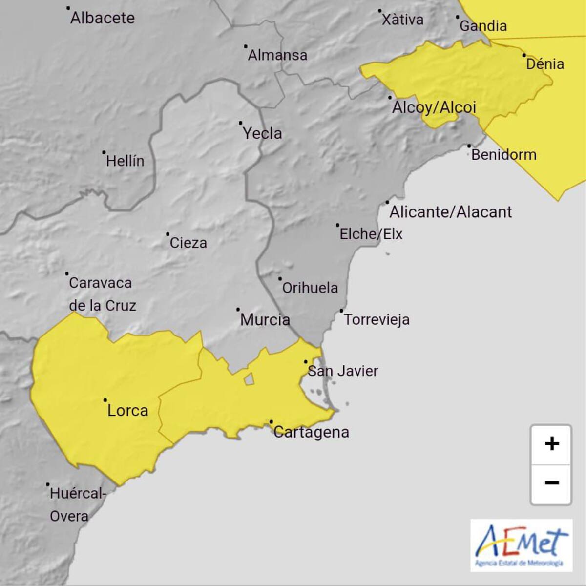 Aviso amarillo en Lorca, Águilas, el Valle del Guadalentín, Campo de Cartagena y Mazarrón