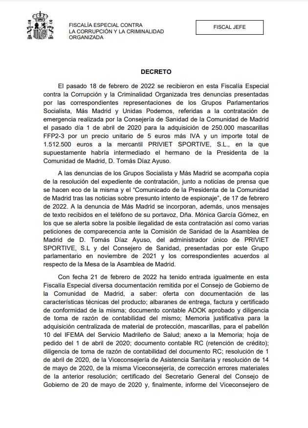 Documento de la Fiscalía Anticorrupción sobre el contrato de Priviet y Tomás Díaz Ayuso con la Comunidad de Madrid.