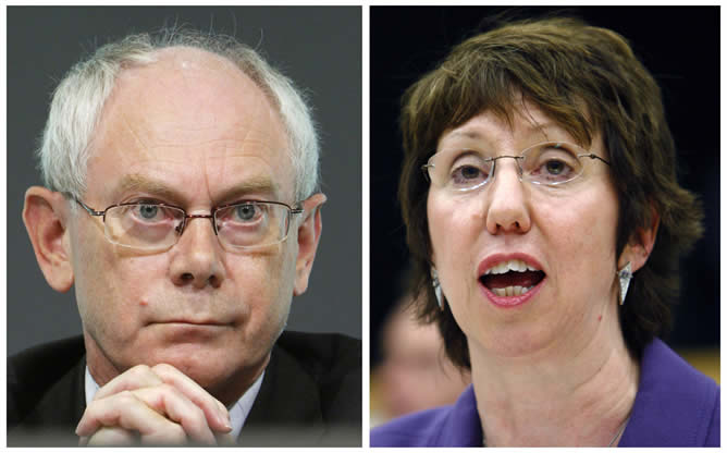 El primer ministro belga, Herman Van Rompuy, elegido primer presidente estable de la Unión, y la británica <b>Catherine Ashton</b>, nombrada Alta Representante de Política Exterior de la UE