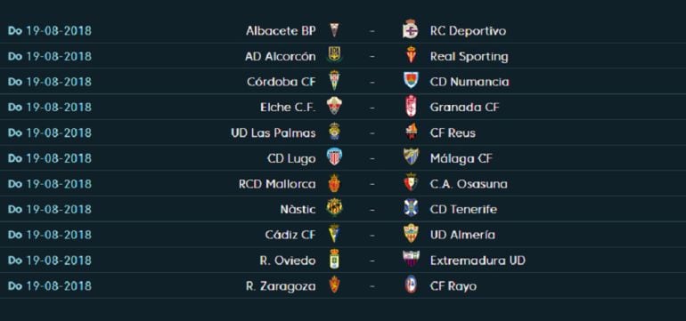 Enfrentamientos correspondientes a la primera jornada de liga en segunda división