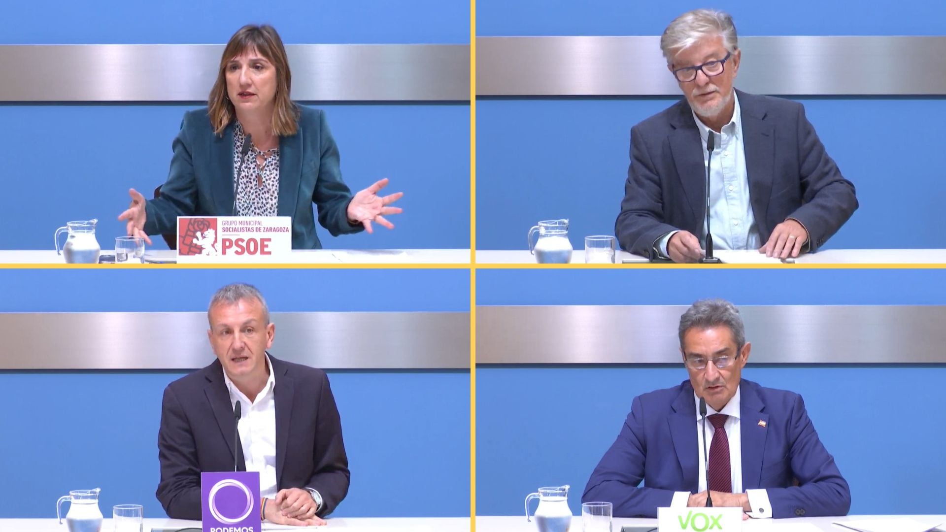 De izquierda a derecha y de arriba a abajo, Lola Ranera (PSOE), Pedro Santisteve (Zaragoza en Común), Fernando Rivarés (Podemos) y Julio Calvo (Vox), portavoces de los grupos de la oposición en el Ayuntamiento de Zaragoza