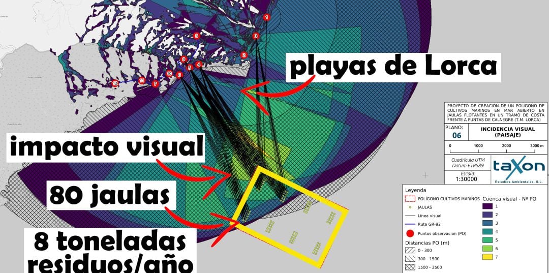 Recreación del impacto que tendría la  piscifactoría frente a las playas de Lorca, según IU-V