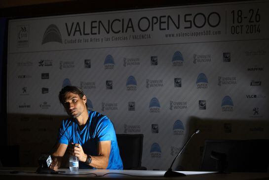 VALENCIA, SPAIN - OCTOBER 24: David Ferrer of Spain speaks at a press conference after the match against Thomaz Bellucci of Brazil during day five of the ATP 500 World Tour Valencia Open tennis tournament at the Ciudad de las Artes y las Ciencias on Octob