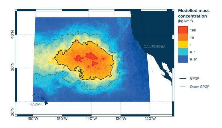 Mapa de la gigantesca isla de plásticos que flota ahora en el Océano Pacífico, según las mediciones realizadas por &quot;The Ocean Cleanup Foundation”. 